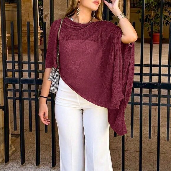 Burgundy Elegant Women's oversized Loose Knit Shawl poncho top - Picture 1 of 6